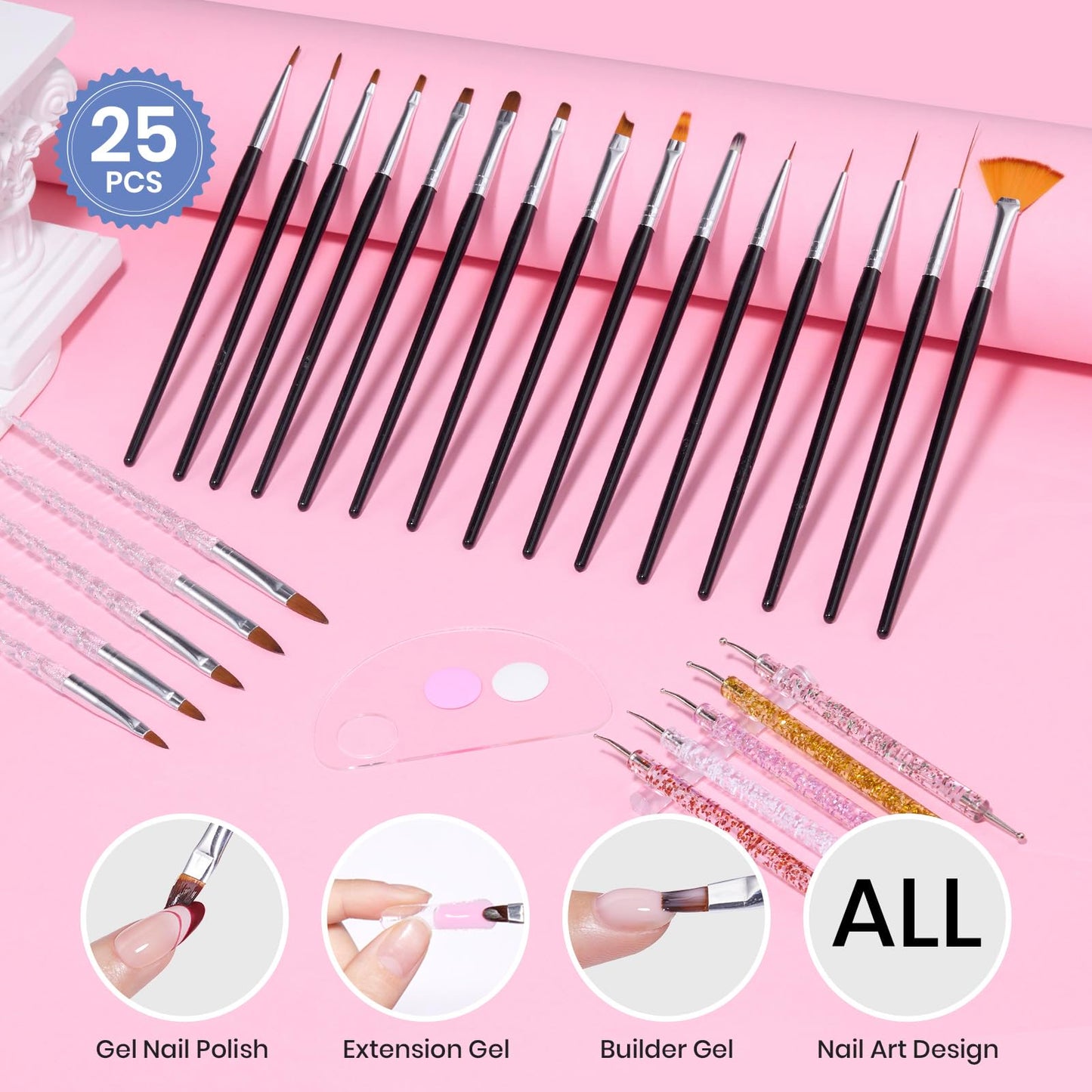 Beetles Nail Art Brushes 25pcs - Confetti Pens Daul Ended Dotting Tools & Gel Polish Nail Art Brushes, 6 Pcs Fingernail Design Pens, Wood Alloy Handle