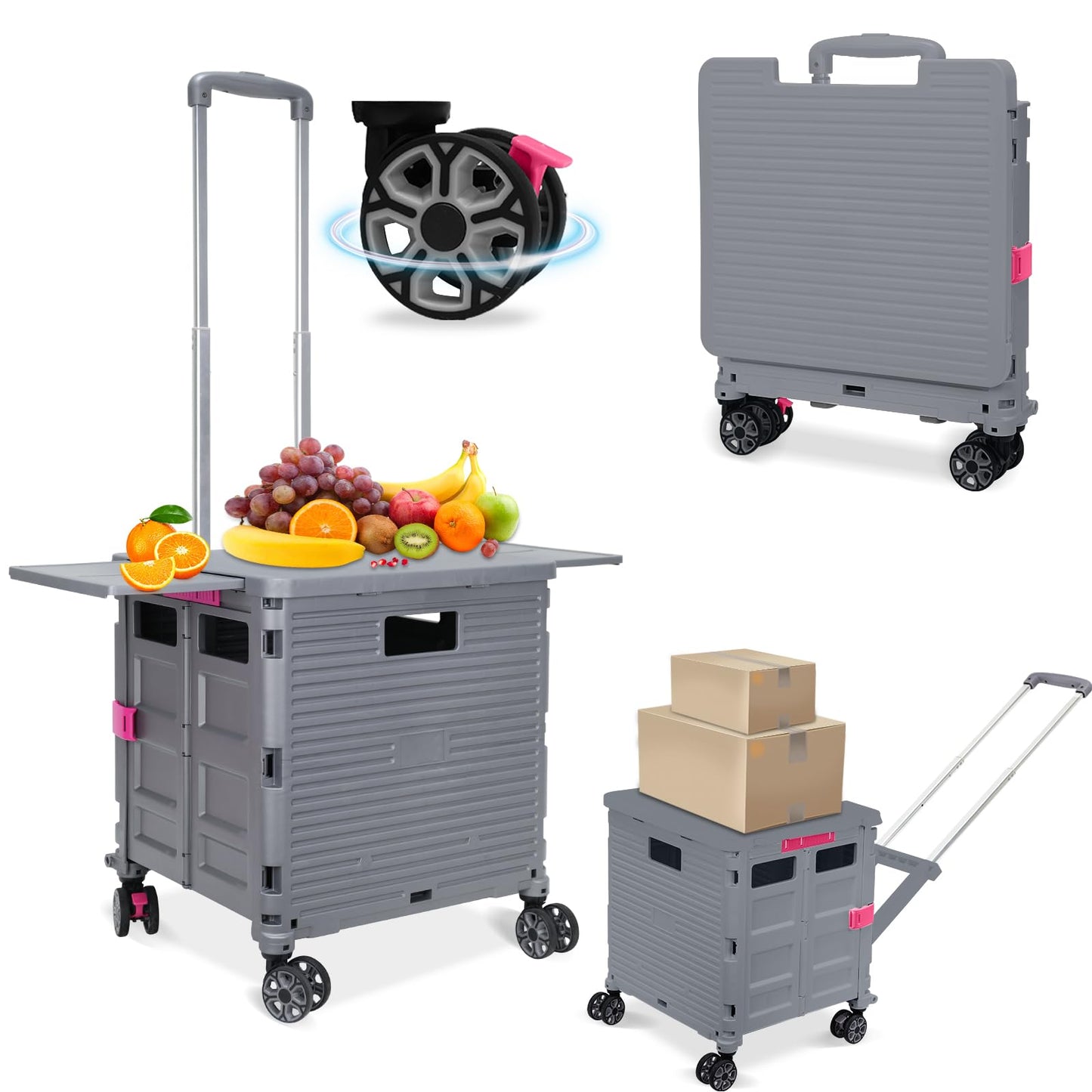 FELICON SELORSS Folding Utility Cart Rolling Crate Tote Basket Box Storage Handcart on 4 Swivel Wheels with Adjustable Handle Extended Magnetic Lid for Teacher Move Shop Travel Grocery Office(Gray)