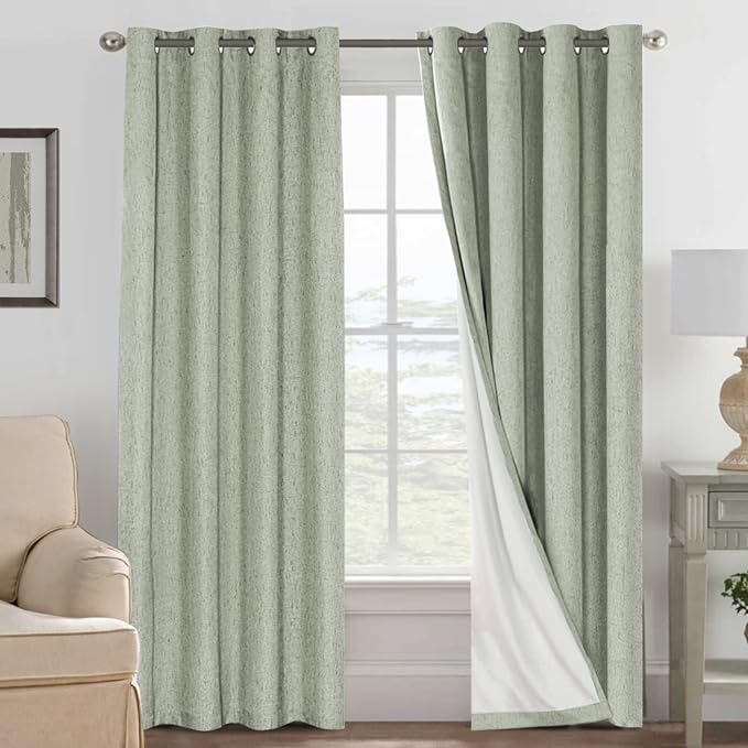 H.VERSAILTEX Linen Blackout Curtains 108 Inches Long 100% Absolutely Blackout Thermal Insulated Textured Linen Look Curtain Draperies Anti-Rust Grommet, Energy Saving with White Liner, 2 Panels, Sage