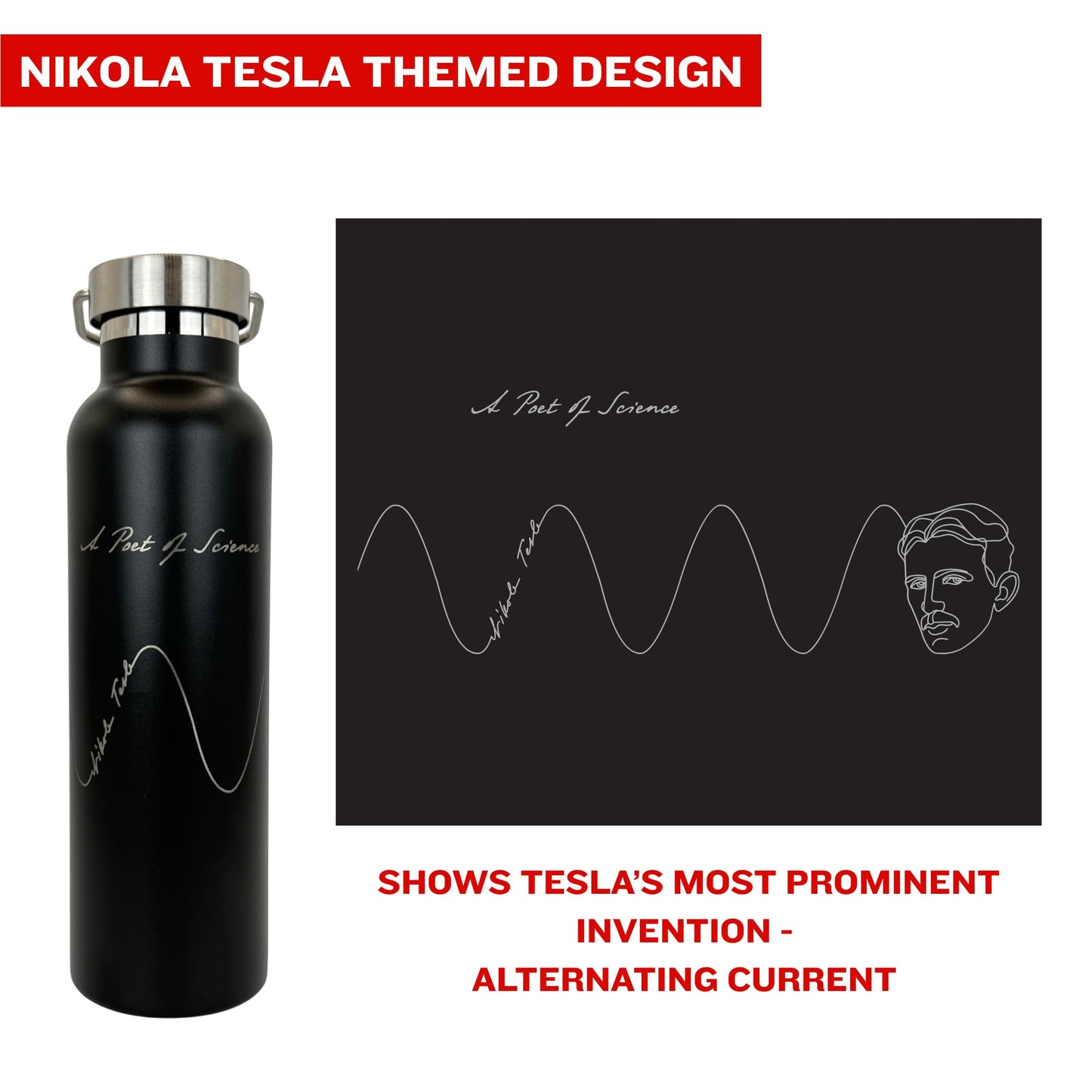 Nikola Tesla Inspired Insulated Water Bottle - 20oz Stainless Steel, Double-walled Insulation, Leak-proof | Science Gift, Engineer Gift, STEM Gift, Physics Gift, Teacher Gift (Alternating Current)