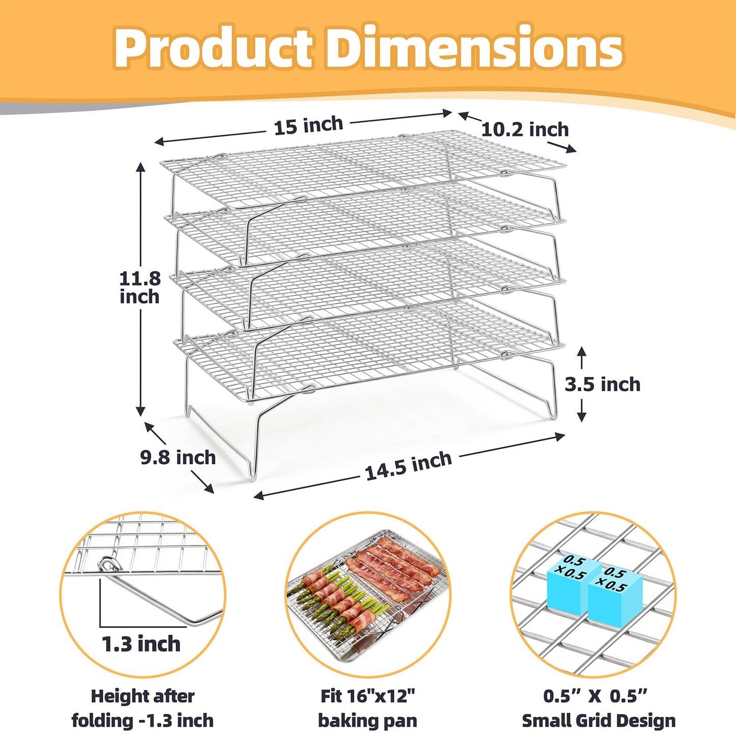 P&P CHEF Cooling & Baking Rack, 4-Tier Stainless Steel Stackable Grid Cooking Racks for Cooling Roasting Grilling, Collapsible & Heavy Duty, Oven & Dishwasher Safe, 15" x 10"