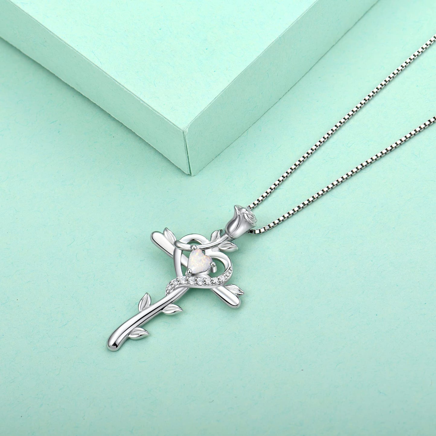 STARCHENIE Rose Cross Necklace, 925 Sterling Silver, Created Opal Heart Pendant, Crucifix Jewelry Gift for Women