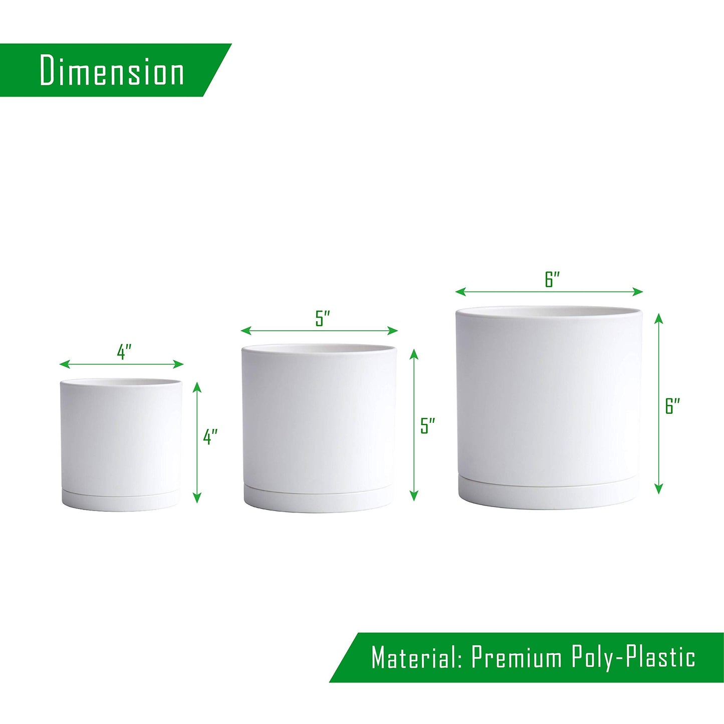 D'vine Dev 4 Inch 5 Inch 6 Inch, Set of 3 Plastic Planter Pots for Plants with Drainage Hole and Seamless Saucers, White Color, Small, 74-V-A-1