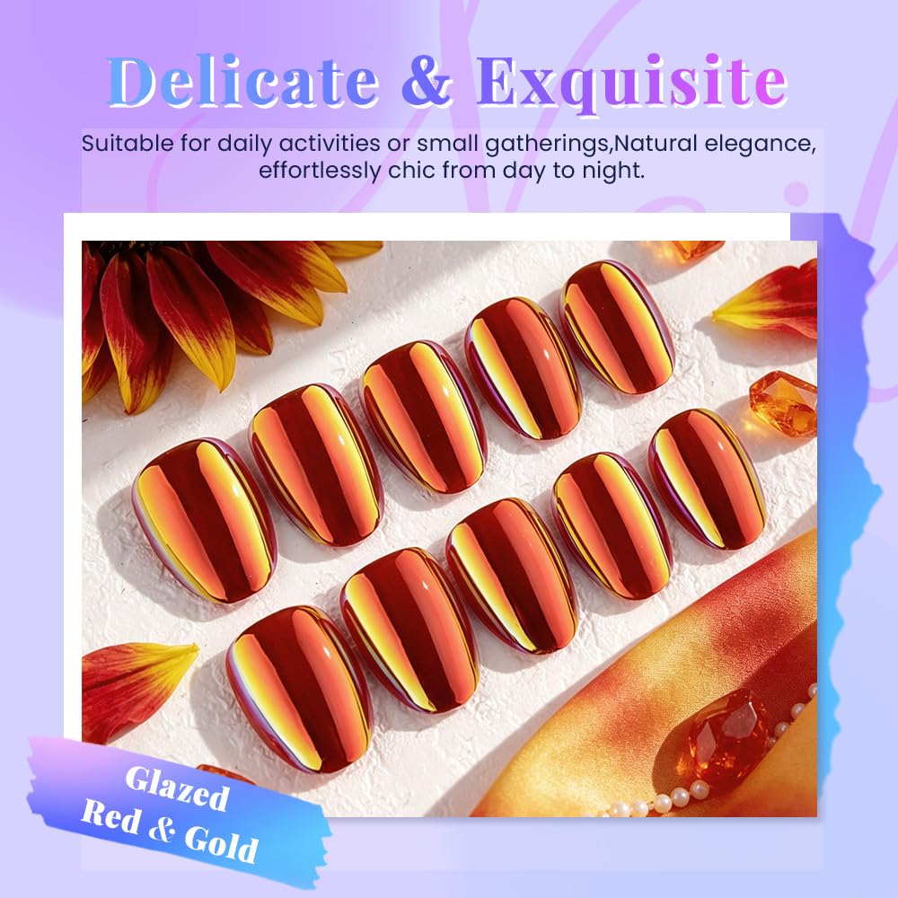 evpct Red Gold Glazed Press on Nails Short Oval, Short Oval Chrome Metallic Aurora Stick on Nail for Women, Reusable Full Cover Soft Press on Fake Nail Perfectly Fit with Glazed Design Salon Quality