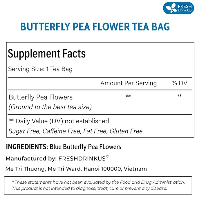 FreshDrinkUS, Premium 55 Tea Bags Blue Butterfly Pea Flowers, 100% Natural and Pure from Butterfly Pea Flowers, Made With Natural Material Tea Bag, No Sugar, No Caffeine, No Gluten, Vegan