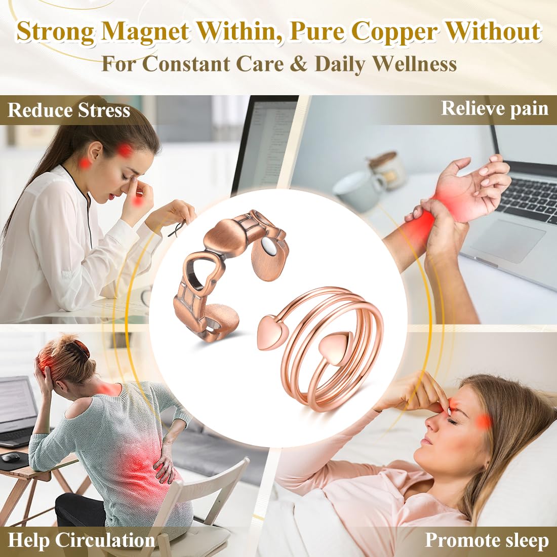 Vicmag 2PCS Magnetic Copper Rings for Women & Men,99.99% Pure Copper Ring with 9X Magnets Gift Adjustable(Heart & Love)