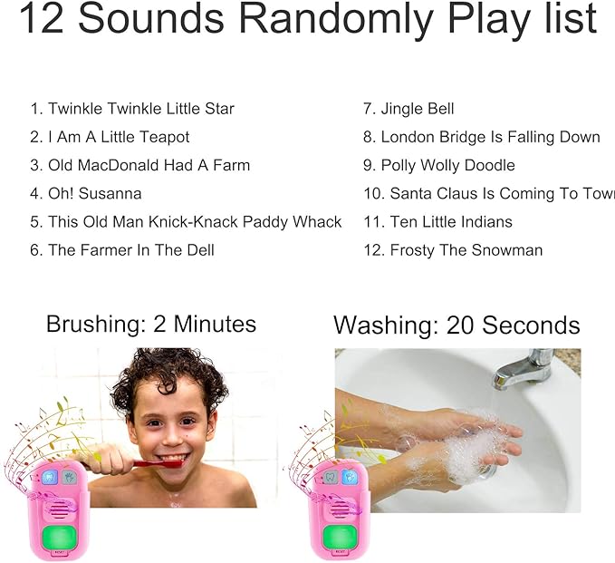 BIGMONAT Hand Washing and Musical Teeth Brushing Timer for Kids, Boy and Girl, Stick on Bathroom Timer for Children Training Coach, AAA Battery Operated, 12 Songs, Sound Volume Adjustable