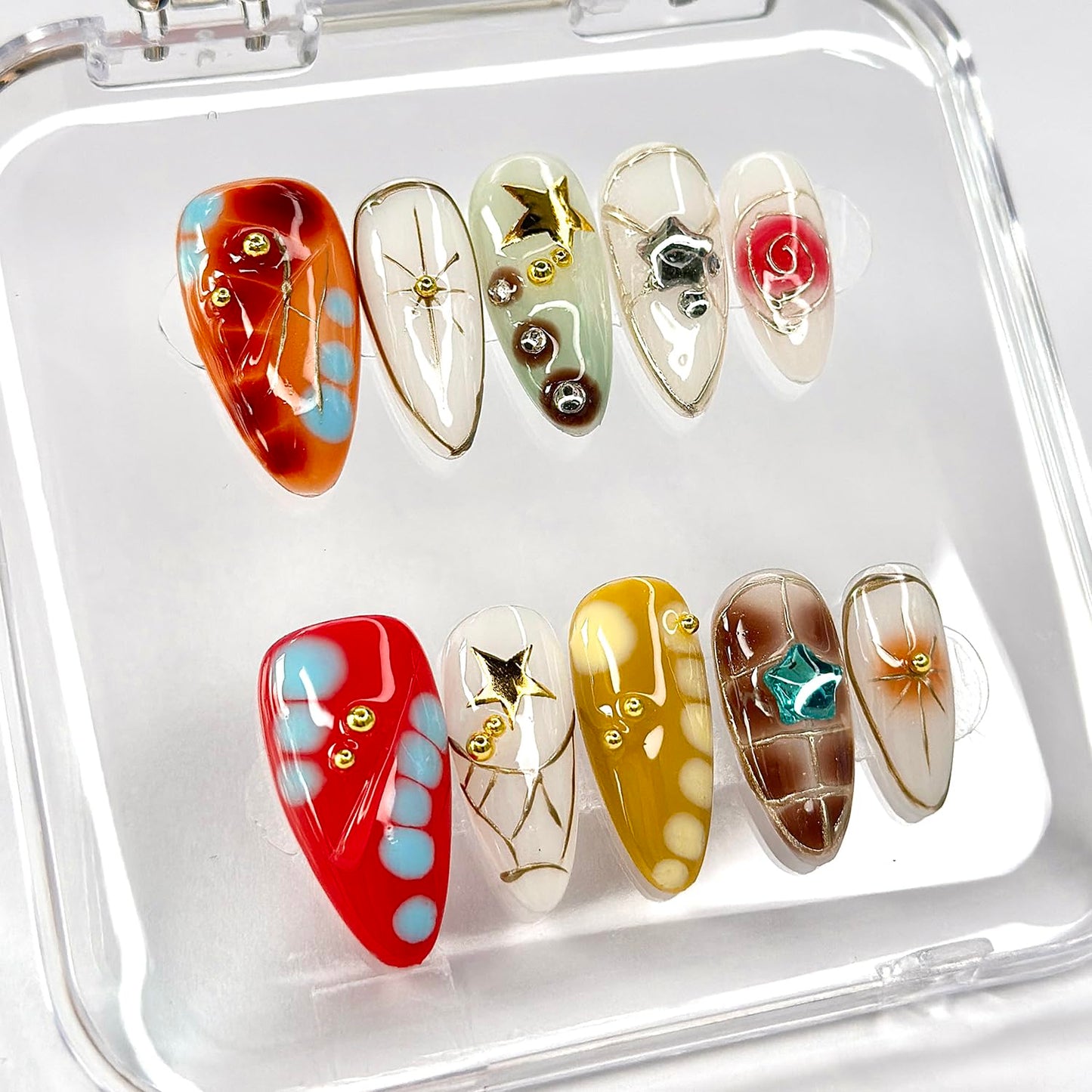 Luxury Press on Nails Medium Almond Handmade 3D Unique Reusable ABS Material Fake Nails Y2K Silver Curve Line False Nails with Designs Stars Art Glossy Glue on Nails Thick Acrylic Nails(S)