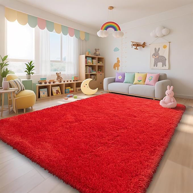 Red Shag Area Rugs for Bedroom Living Room,Ultra Soft Fluffy Christmas Area Rugs 4X6 for Dorm, Indoor Carpet Nursery Rugs for Kids Girls Room Home Decor,Red