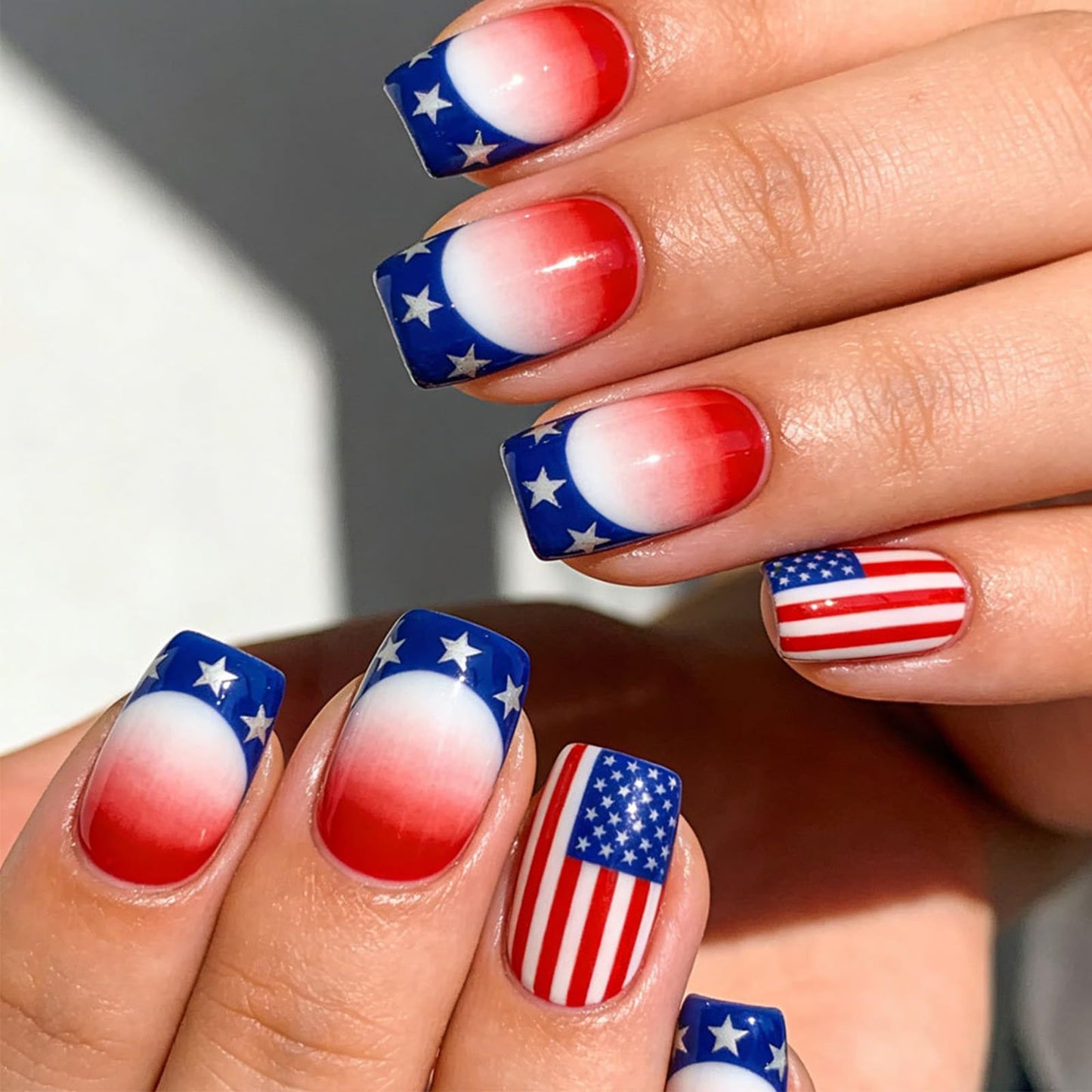 4th of July Press on Nails Glossy Blue French Tips Glue on Artificial Fingernails American Flag Fake Nails 24 Pcs Independence Day Acrylic False Nail HZJXRT Medium Square Stick on Nail for Women Gift