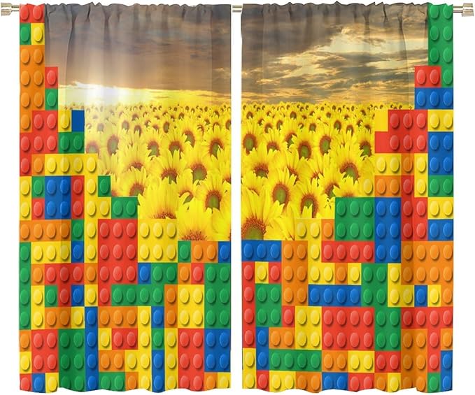 Colorful Building Blocks Sunflower Flower 3D Toy Printed Curtains, Building Blocks, Floral Sunflower Curtains, Interesting Brick 3D Design, Boys and Girls Room Curtain Panels, 2 Panels 72x63in