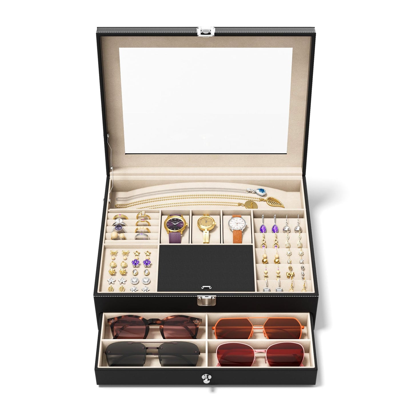 NEWLOOP Jewelry Sunglasses Organizer for Women – 2 Layer Storage Box with 10 Eyeglass Slots 3 Watch Holders Necklace and Earring Compartments Velvet Lined Jewelry Box Eyeglass Box Watch Box Display