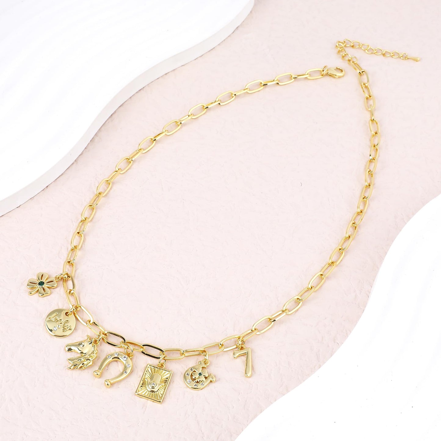 NEKOL Horseshoe Charm Necklace, Lucky Charms Pendant Paper Clip Chain Necklace Four-Leaf Clover Hamsa Horseshoe Cubic Ziron Inlays