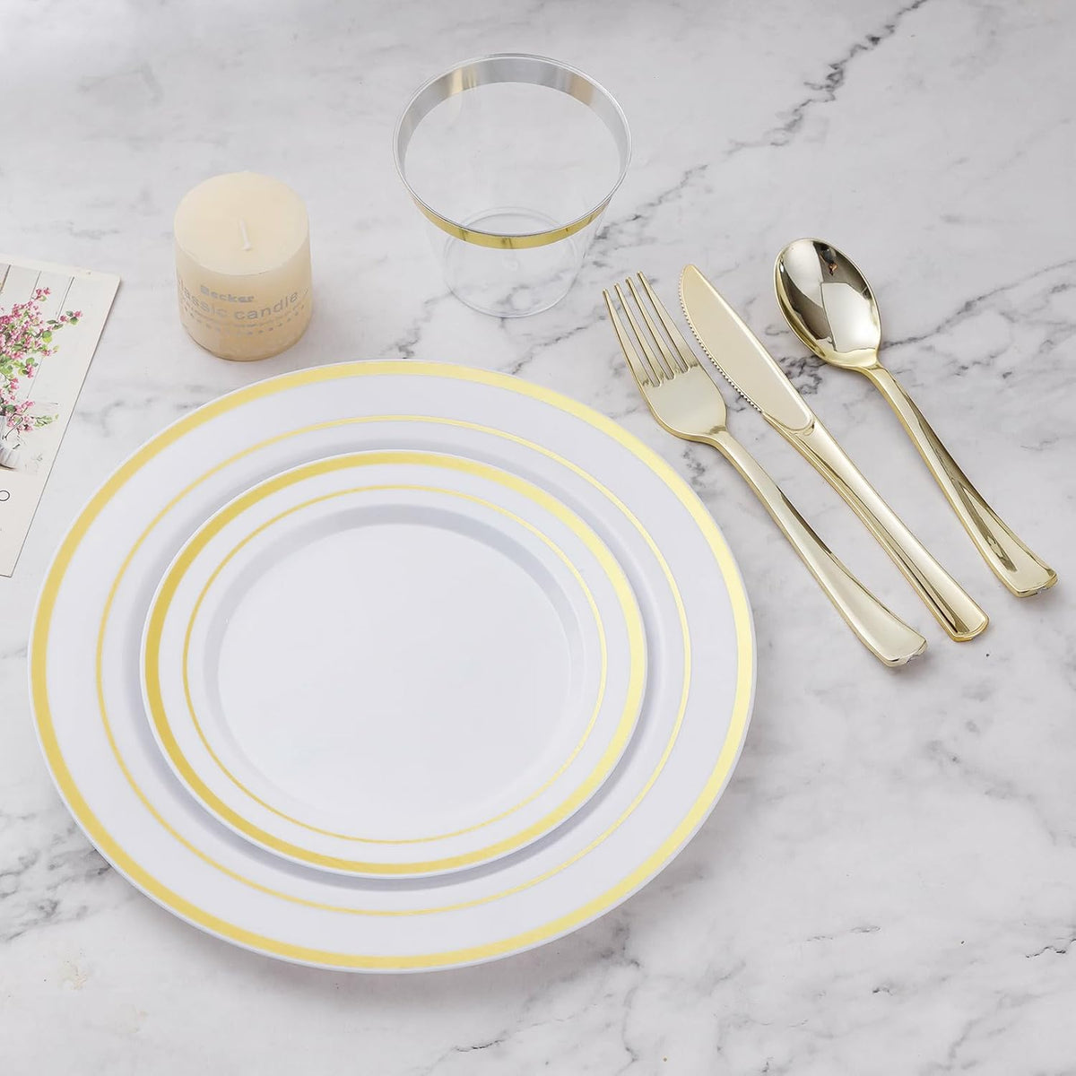 BESTVIP 450PCS Gold Dinnerware Set for 75 Guests, Plastic Plates for Party, 75 Gold Disposable Plates, 75 Dessert Plates, 75 Cups, 75 Spoons, 75 Forks and 75 Knives