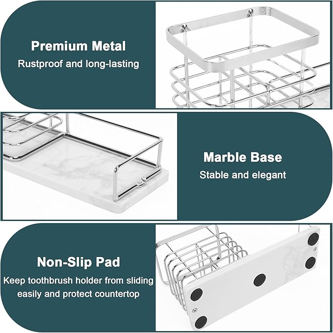 HarJue Toothbrush Holder, Luxurious Metal Toothbrush Toothpaste Holder with Marble Base for Bathroom, Multi-Slots Openwork Design, Bathroom Accessory for Storage and Organizer (Large, Chrome)