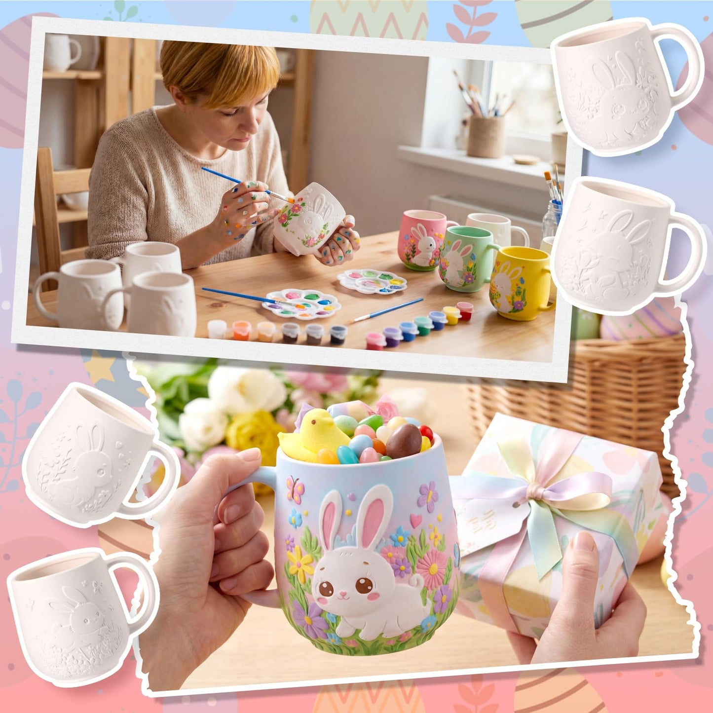 Zubebe 4 Sets Easter Paint Your Own Mugs Craft Kit, Bunny Ceramic to Paint, DIY Mugs for Adults, Festive Coffee Tea Cup for Adults with Painting Set for Easter Basket Stuffers Family Party Favors Gift