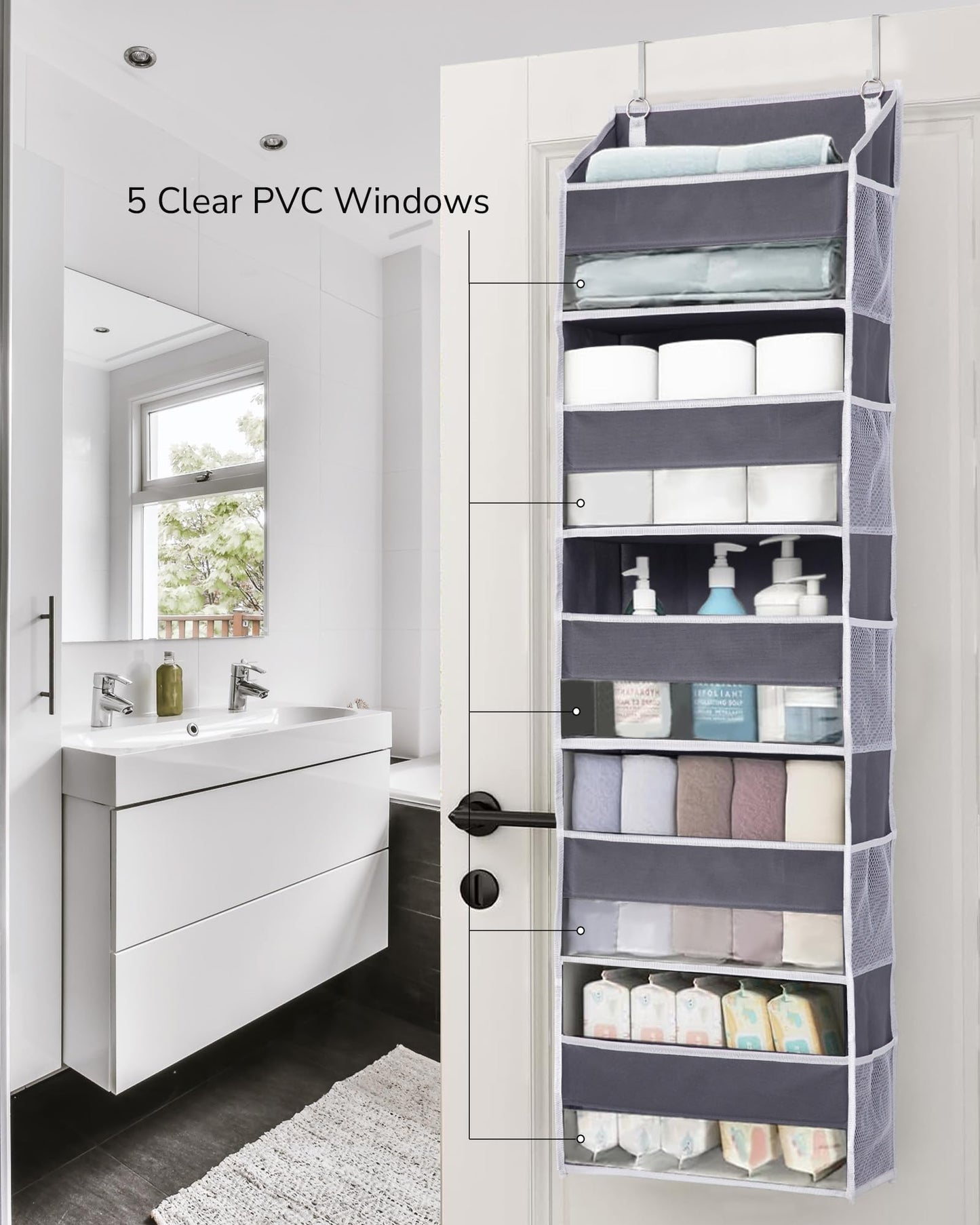ULG 1 Pack Over Door Organizer with 5 Large and 10 Mesh Side Pockets, 44 lbs Weight Capacity Hanging Storage with Clear Window Kids Toys, Shoes, Diapers, Dark Grey, 5 Layers