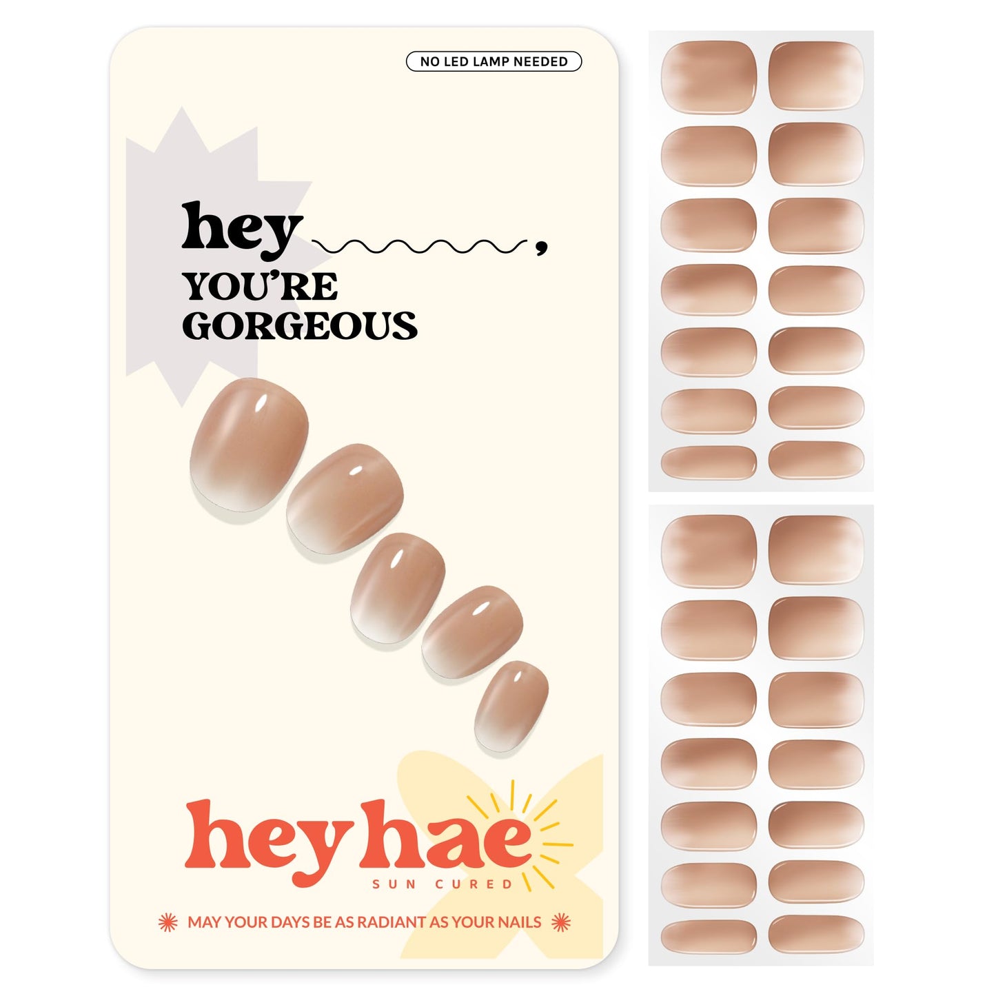 Heyhae Semi Cured Gel Nail Strips | No LED Lamp Needed | Ombre, Nude | Easy Apply & Remove, Salon Quality | Includes 28 Strips, 1 Prep Pads, Nail File & Wooden stick - Hey, You're Gorgeous