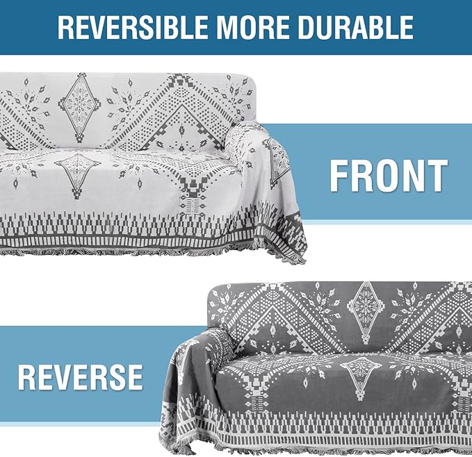 H.VERSAILTEX Reversible Sofa Cover Couch Cover for Dog Sofa Slipcover for Most Shape Sofa Furniture Protector with Tassels Sectional Couch Cover (X-Large: 71" x 118", Dark Grey/White)
