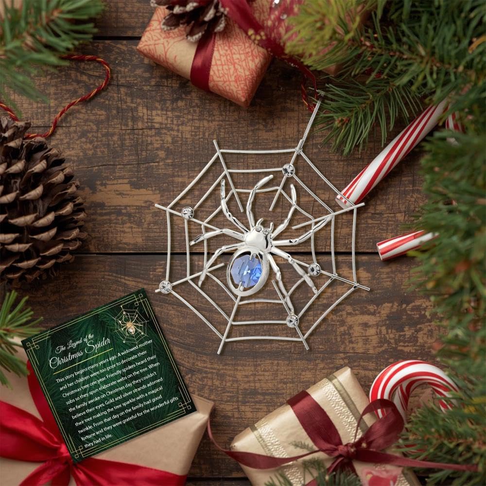 Matashi Silver Plated Christmas Tree Spider Ornament w Blue, Clear Crystals Lucky Hanging Decoration, Holiday Ornament Gift, Unique Spider Decor for Christmas & Halloween Party w Tinsel Legend Story