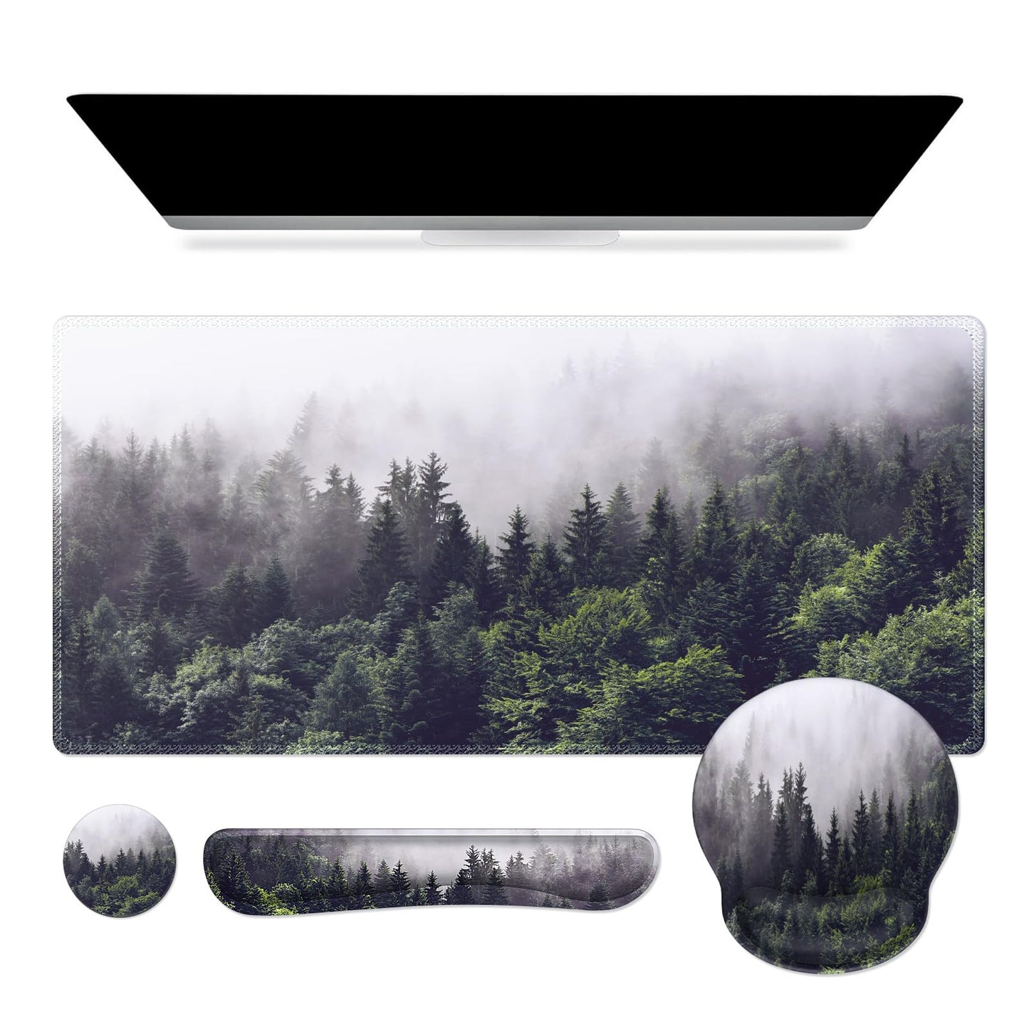iCasso Desk Mat, Gaming Mouse Pad Wrist Support Set,4in1 XXL Large Mousepad + Keyboard Wrist Rest+Mouse Wrist Rest+Coaster Set with Ergonomic Design for Home Office Table Computer-Forest