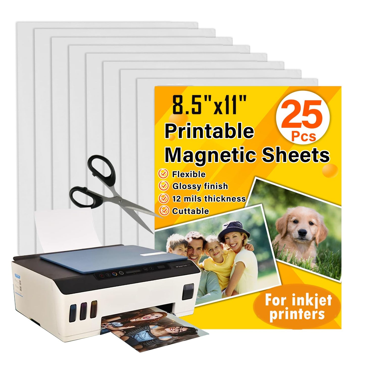Towjug Printable Magnetic Sheets 8.5x11 Inches for Inkjet Printers, 25 Sheets Glossy Print Paper Non-Adhesive Backing, 12mil ThicknessDIY Flexible Magnet Photos