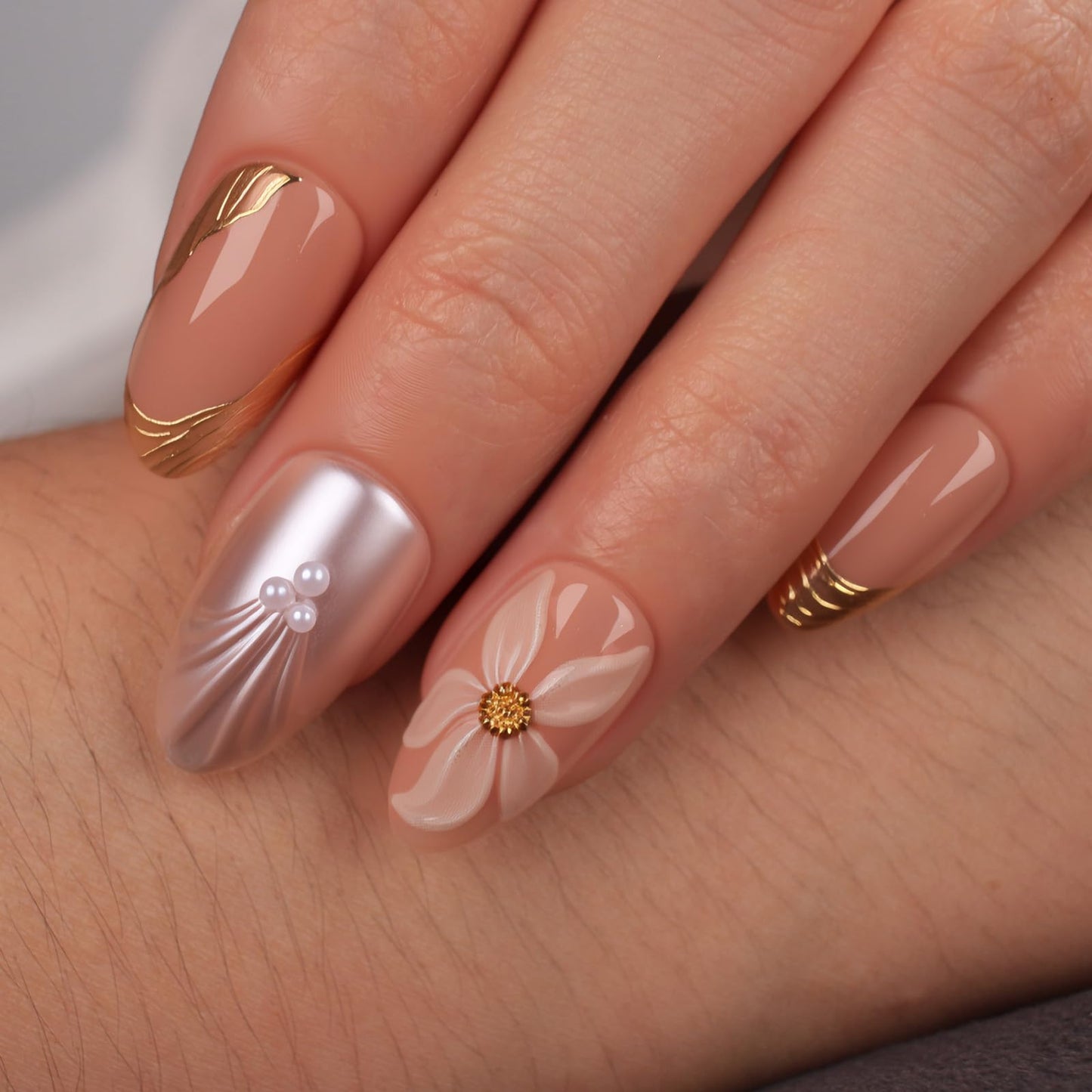 Mivota Short Press On Nails Almond – 3D Floral & Pearl Accent Nude Pink Fake Nails, 30Pcs Reusable Acrylic Stick On Nails with Gold Details, Glossy Soft Gel Look, DIY Manicure Kit for Women