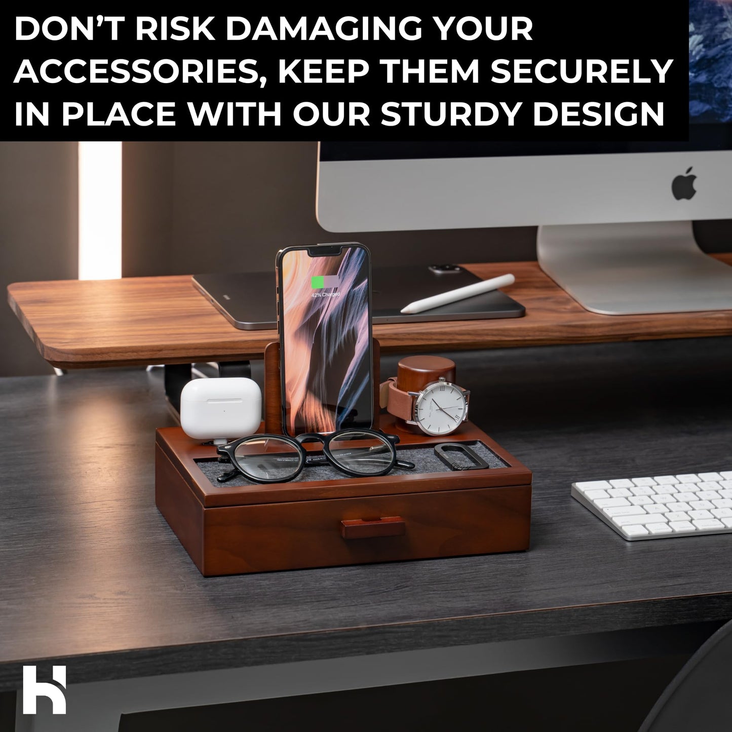 Holme & Hadfield Premium Wooden Phone Docking Station with Drawer – Nightstand Organizer for Charging Phone & Earbuds – Declutter Your Space with Felt-Lined Protection & Watch Pillar - Gift For Men