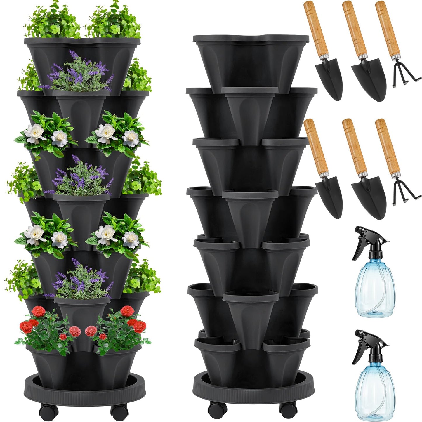 Umigy 2 Set of 7 Tier Vertical Planter Stackable Tower Planters Strawberry Herb Flower and Vegetable Pots Indoor Outdoor Gardening Pots with Removable Wheels and Tools(Black)