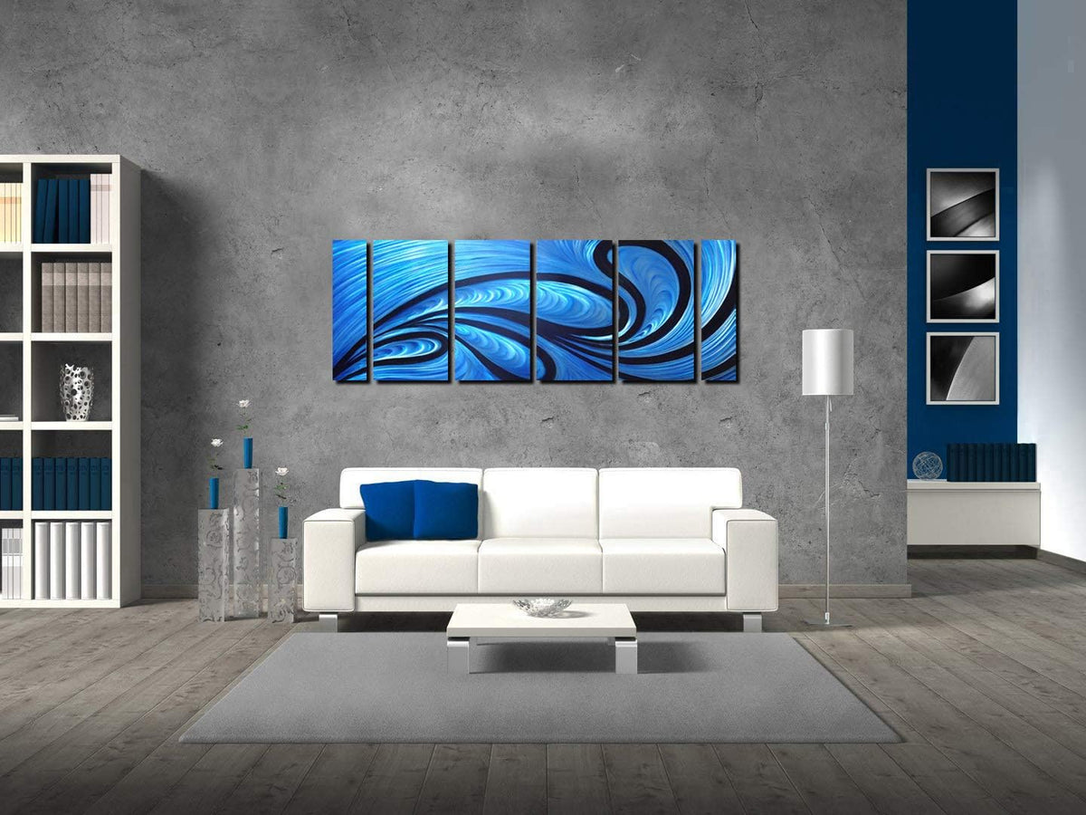 Unique Metal Wall Sculpture, Metal Wall Art with proud as a peacock design, Abstract Blue and Black Modern and Contemporary Décor, Aluminum Artwork, Indoor and Outdoor decoration, 6 panels 64"Wx24"H