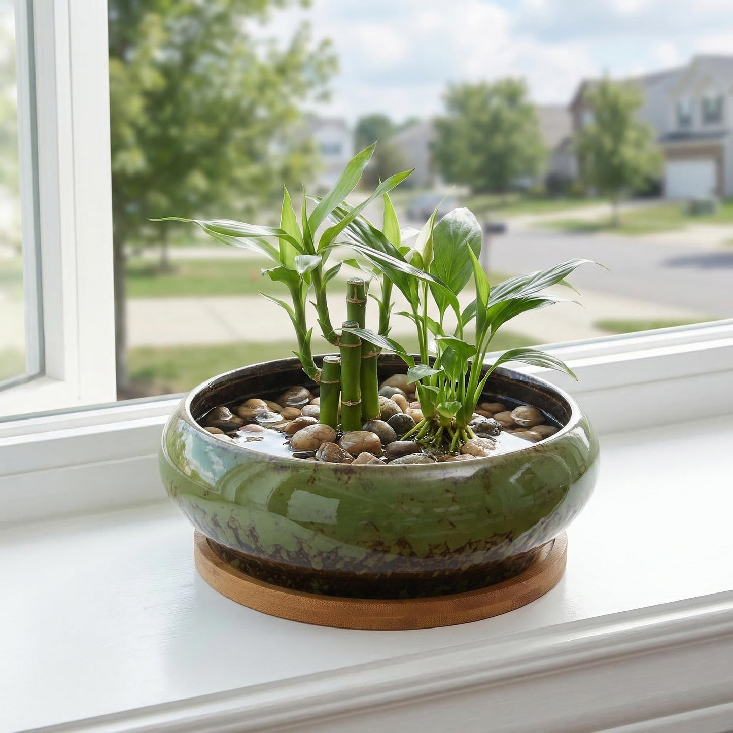 DECHOUS Ceramic Lotus Bowl Planter 7 Inch Round Shallow Succulent Planter Glazed Flower Plants Pot with Bamboo Tray for Lotus Seeds, Bonsai, Home Indoor Decor