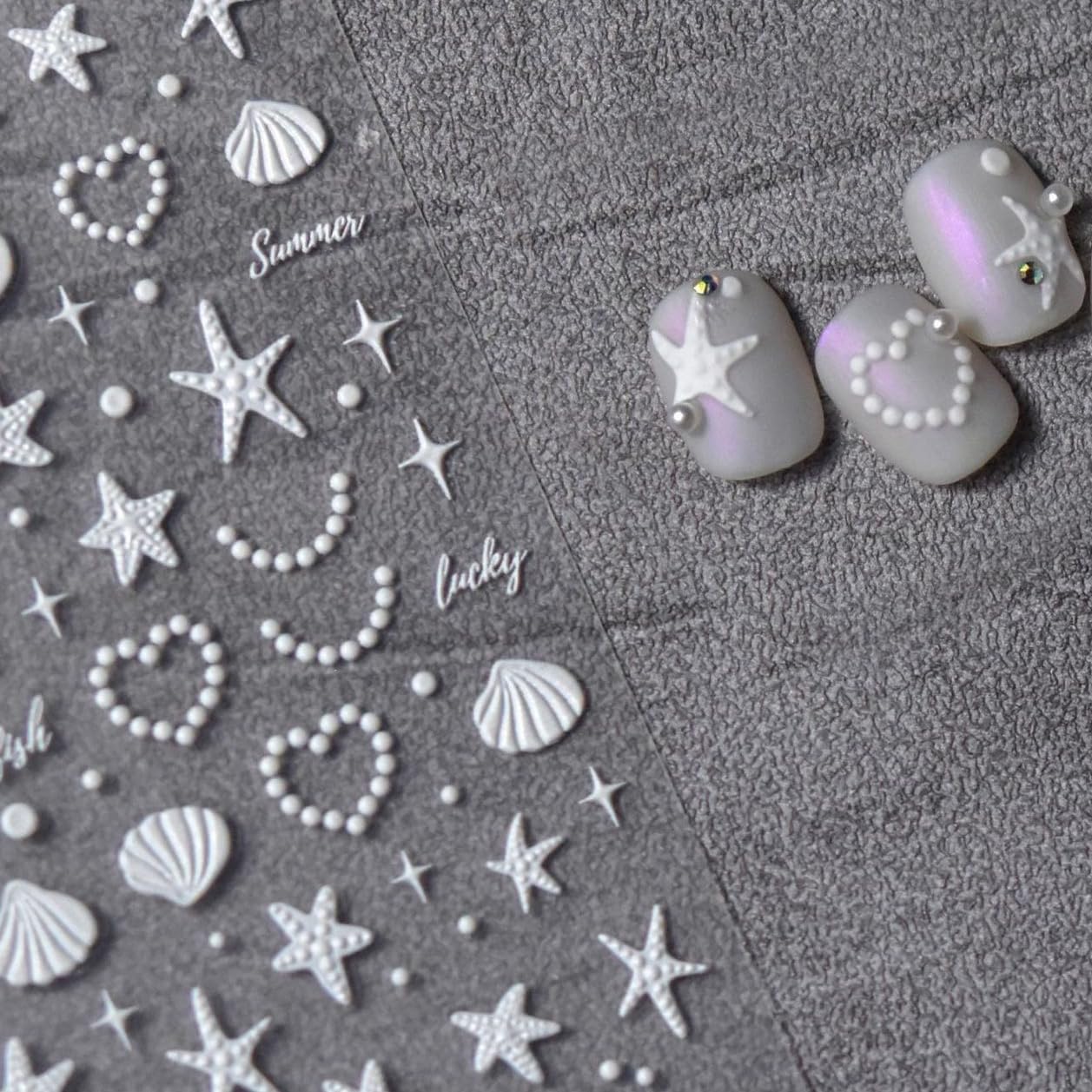 Phuryllic 3D Nail Stickers for Nail Art, Embossed Self-Adhesive Cute Nail Charms & Decals for DIY Nails, Easy-to-Apply Nail Design Supplies & Accessories for Home Manicure-White Shells Starfish