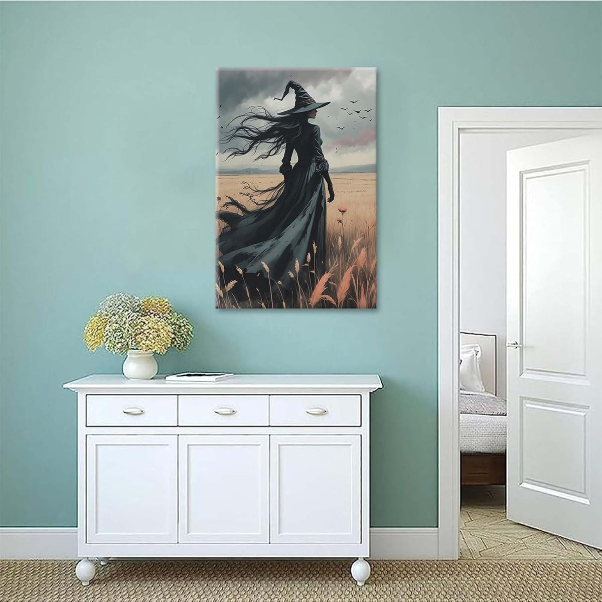 Gothic Decor Canvas Wall Art Witch in Rice Field Halloween Art Decor Print Nature Print Victorian Home Bedroom28x40in Wood Framed
