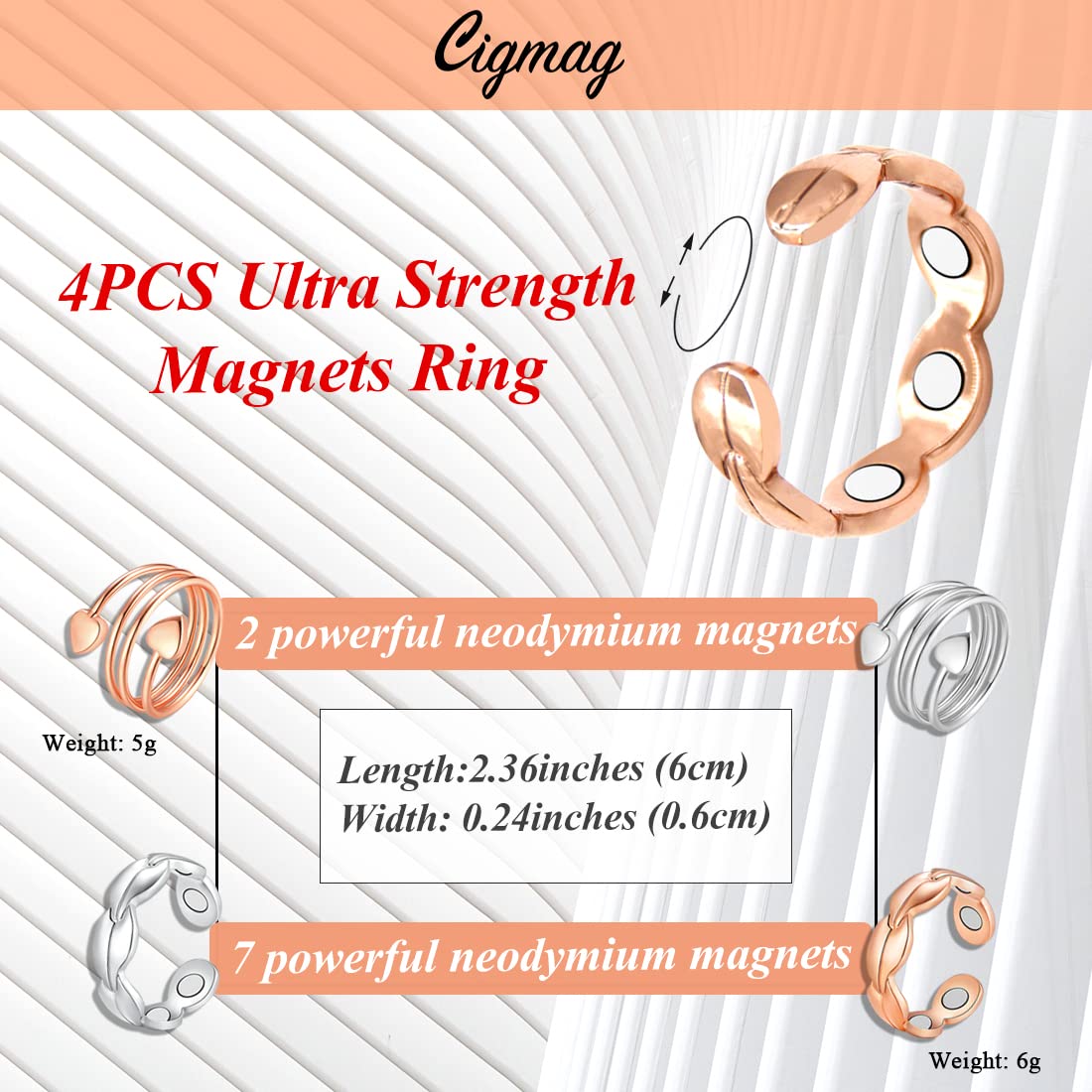 Cigmag 4PCS Copper Rings for Women Magnetic Rings Strong Magnets Pure Copper Adjustable