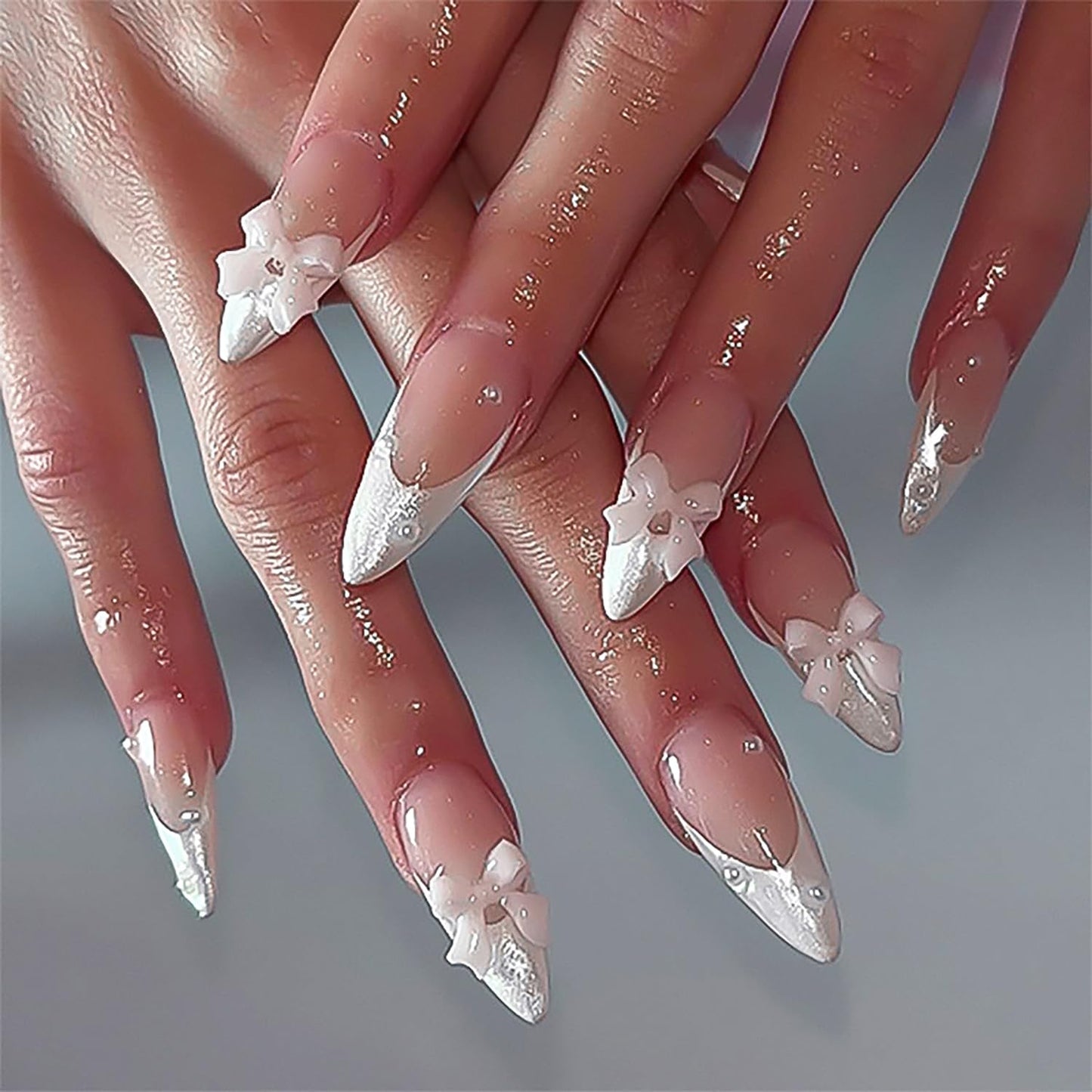 White French Tip Press on Nails Medium Almond Reusable Fake Nails with Glue Pearl Bow Rhinestones Stick on Nails Pink Glossy False Nails for Women DIY Manicure Decoration, 24PCS