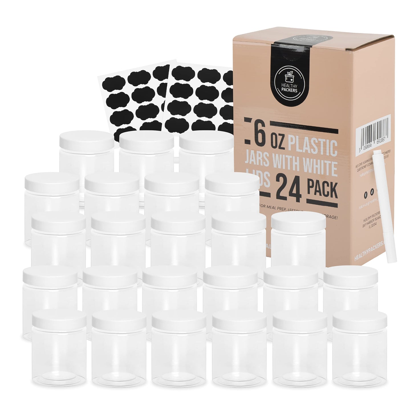 Healthy Packers Plastic Containers with Water-Tight White Lids (6 oz, 24 Pack) - Clear Plastic Food Storage Jars with Labels and White Marker - Jars With Lids For Slime Or Storage - BPA Free