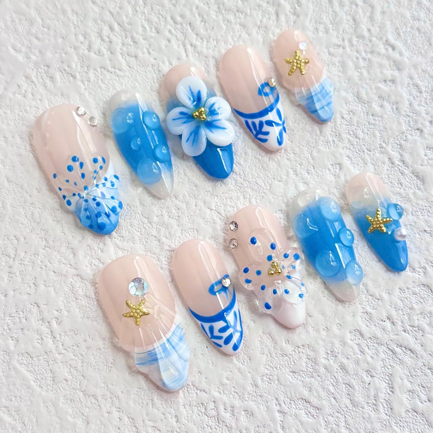 Luxury Press on Nails Medium Almond Handmade 3D Unique Reusable ABS Material Fake Nails Blue French Tip False Nails with Designs Starfish Flower Art Petal Glossy Glue on Nails Thick Acrylic Nails(M)