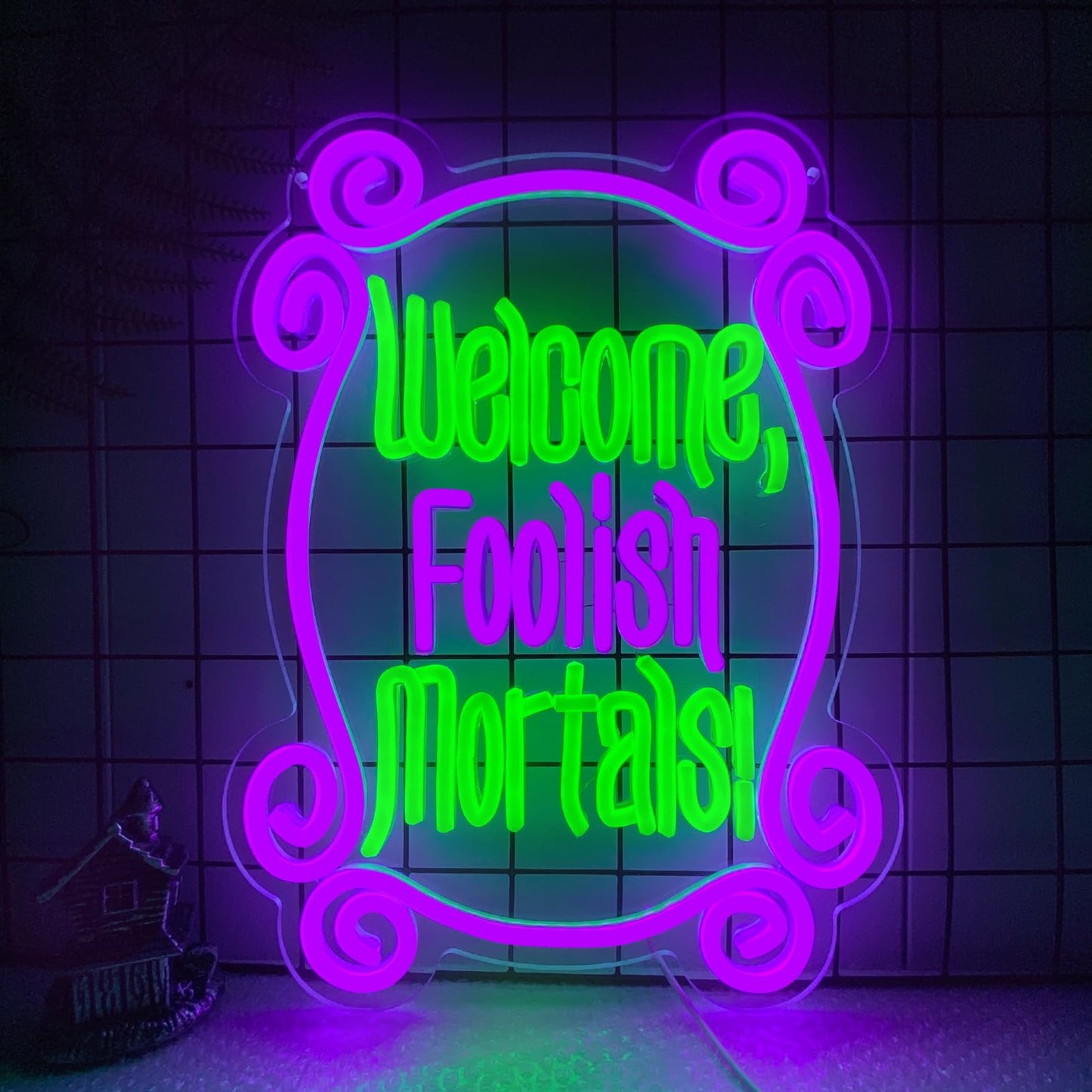 Welcome Foolish Mortals Neon Sign, Haunted Mansion Decor, Halloween Neon Signs for Wall Decor, Dimmable LED Spooky Gothic Coffin Neon Signs, Haunted Mansion Neon Sign for Halloween Party Man Cave