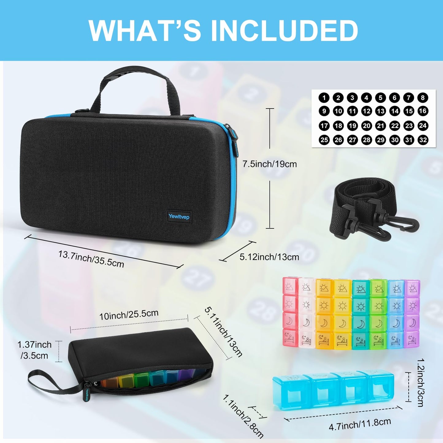 Monthly Pill Organizer 4 Times a Day, Pill Box Organizer with 32 Daily Compartments, 30 Day Pill Organizer 4X a Day Pill Holder with Hard Shell Travel Case with Weekly Pill Bag 4 Times a Day