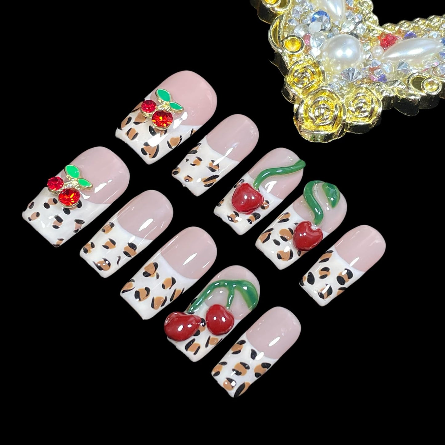Handmade Press on Nails 3D Hand-scuplted Red Cherry Short/Medium Square False Nails | Leopard Print French Tips | Reusable Acrylic Fake Nails (Cherry Bouquet, S)