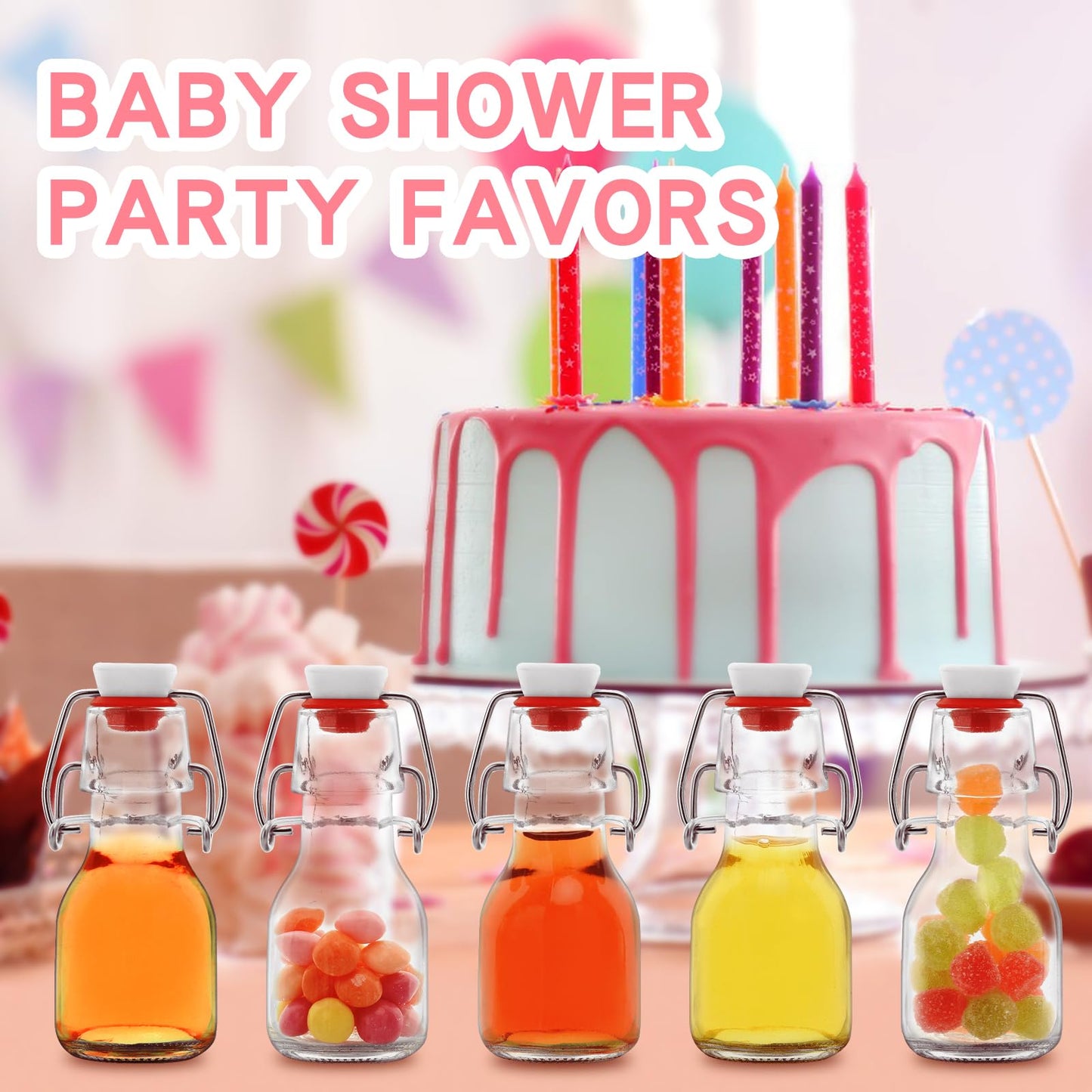 eispap 6Pcs Red Lid 2 oz Mini Swing Top Glass Bottles, 60ML Mini Storage Bottles, with Lids Kraft Decoration,Small Glass Bottles,for Wedding Themed Party Favors (6)