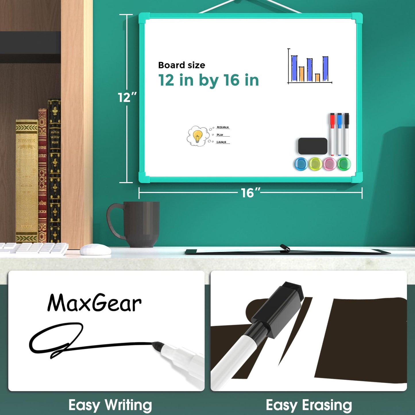 MaxGear Double-Sided Dry Erase Board for Wall, 16"x12" Hanging Whiteboard, Small Dry Erase White Board kit, Portable Whiteboard for Planning, Drawing, Memo, to Do List, Green Frame