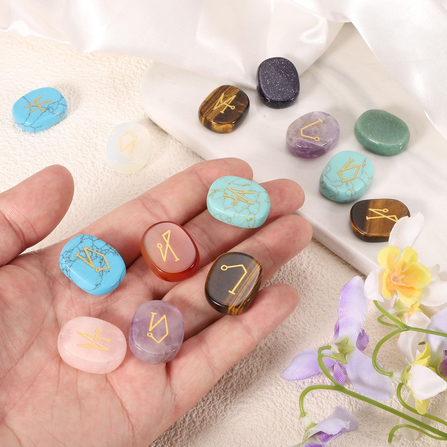 MECCANIXITY 4Pcs Engraved Chakra Stones with Reiki Symbols, Spotted Jasper Reiki Healing Crystal Gemstone 7 Chakra Crystal Stones Tumbled Palm Stone for Anxiety Relieve