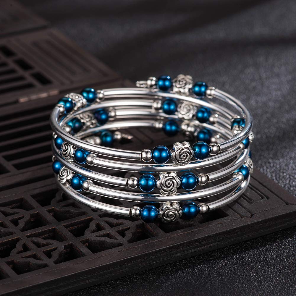 BULINLIN Wrap Bangle Rose Bead Bracelet - Beaded Bracelet with Natural Agate Stone Gifts For Women(01-Sapphire pearl)