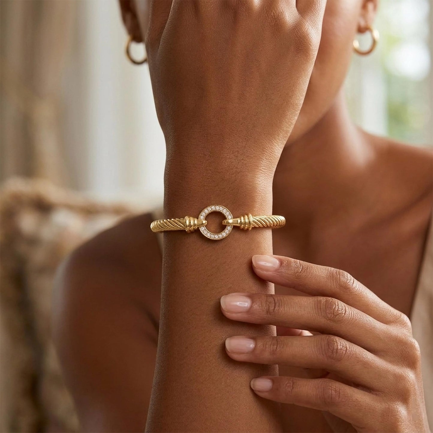 WOWORAMA Gold Twisted Cable Wire Bracelet for Women Stainless Steel Gold Plated Cable Cuff Bracelets with CZ Circle Clasp Bangle Bracelets Minimalist Jewelry