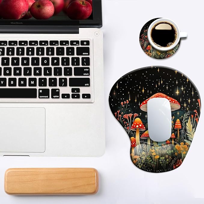 Ergonomic Mouse Pad with Wrist Support,Mouse Pad with Wrist Rest and Coaster Set,Office Supplies Non-Slip Mouse Pads for Desk, Non-Slip Comfortable,Mushroom Star