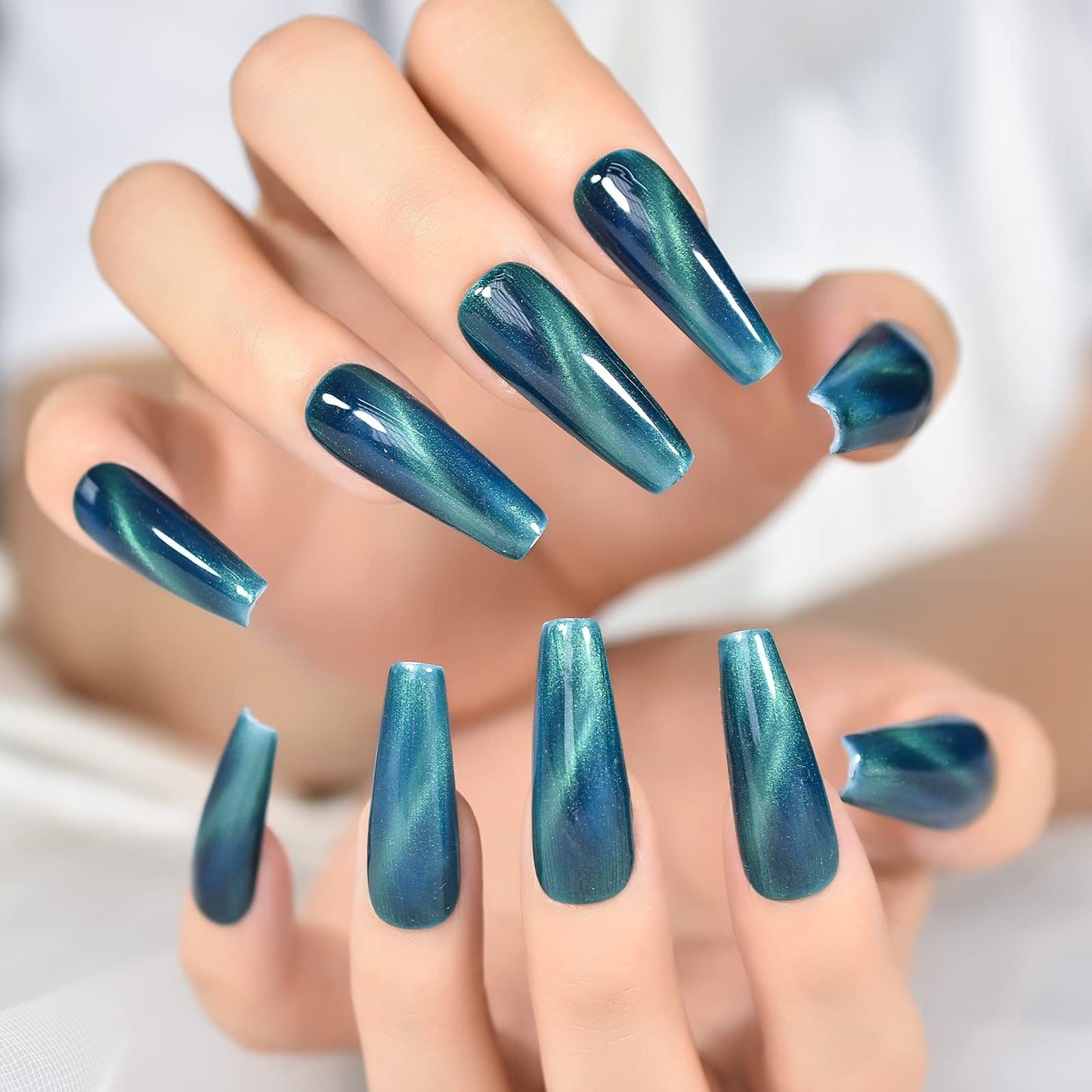ELEVENAIL Press On Nails Glossy Super Long Coffin Gel Stick On Fake Nails Salon DIY Acrylic Manicure Reusable Dark Blue Cat Eye False Acrylic Nail Art Tips