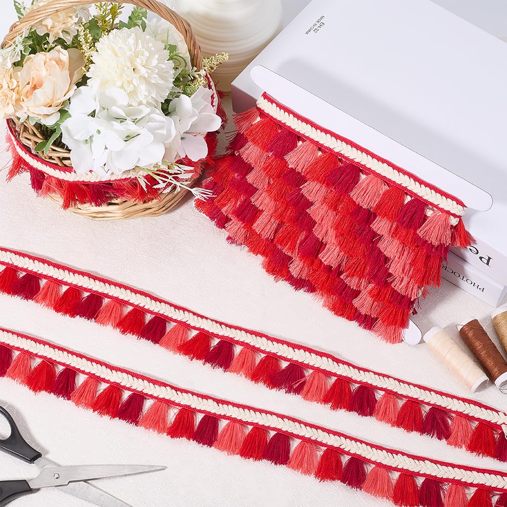 CABODYALS 1.5 Inch Red Fringe Trim Polyester Lace Tassels Braid Ribbons Boho Ethnic Sewing Fringe Braided Ribbon Trims for Sewing Making DIY Clothing Crafts Home Decor Curtain Pillow Carpet Bed Supply