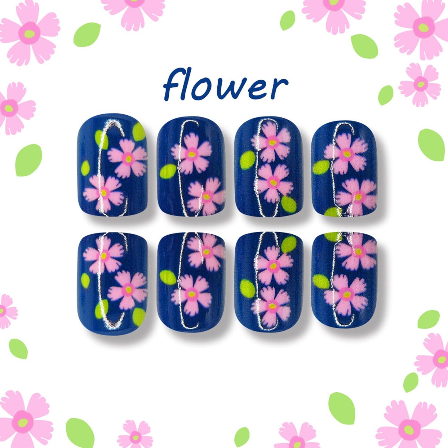 Short Square Press On Nails Spring Fake Nails With Pink Flower Design Blue False Nails Full Cover Artificial Reusable Cute Glue On Nail Acrylic Glossy Spring Stick On Nail For Women 24pcs