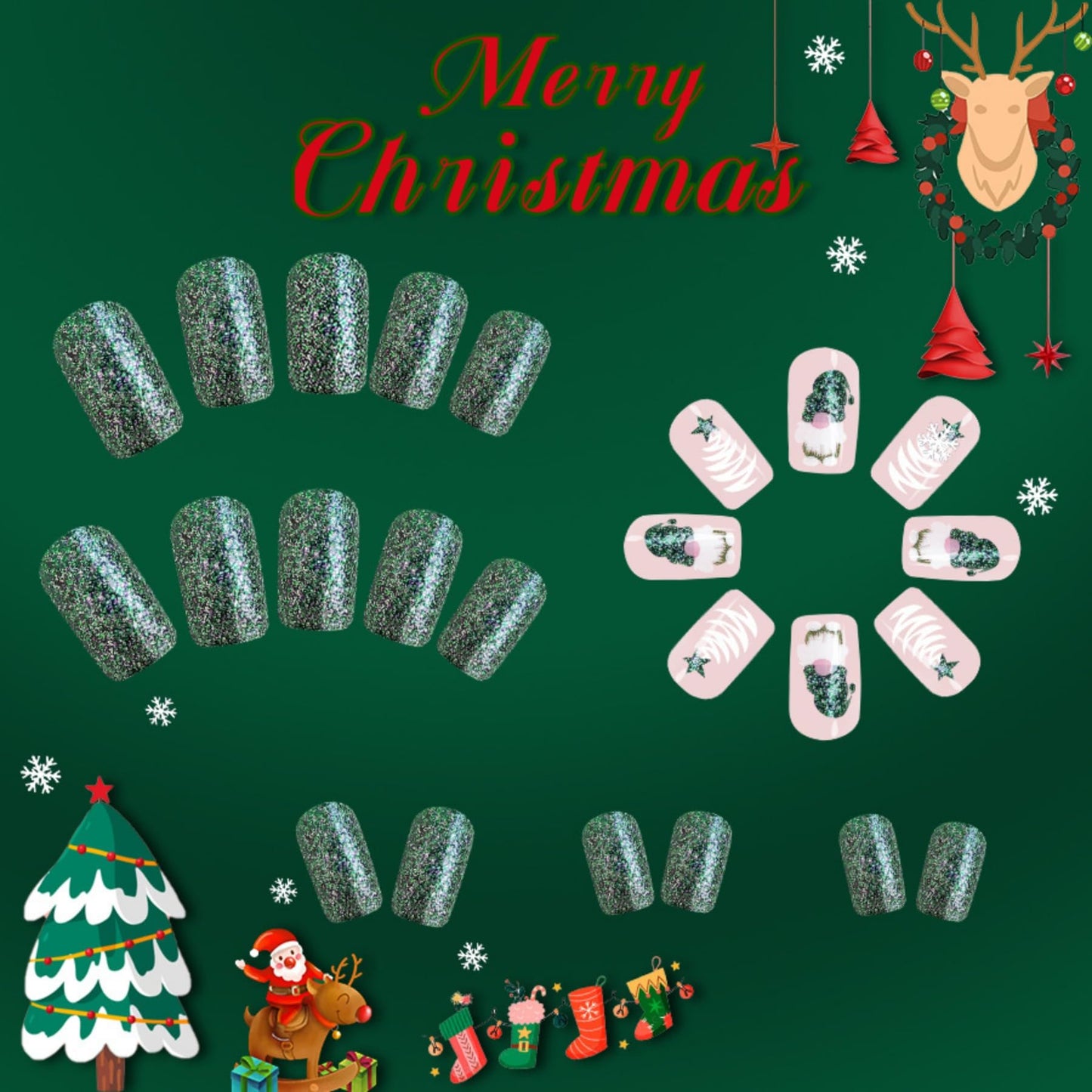 Christmas Green Press on Nails Medium Square Fake Nails with Santa Claus Dwarf Design Glossy False Nails Cute Christmas Nails Acrylic Nails Full Cover Glue on Nails Stick on Nails for Women 24Pcs
